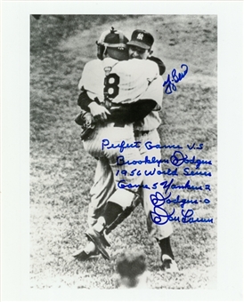 1956 World Series Perfect Game 8x10 Black & White Photograph Dual Signed By Yogi Berra and Don Larsen with Long Inscription by Larsen (Beckett PreCert)
